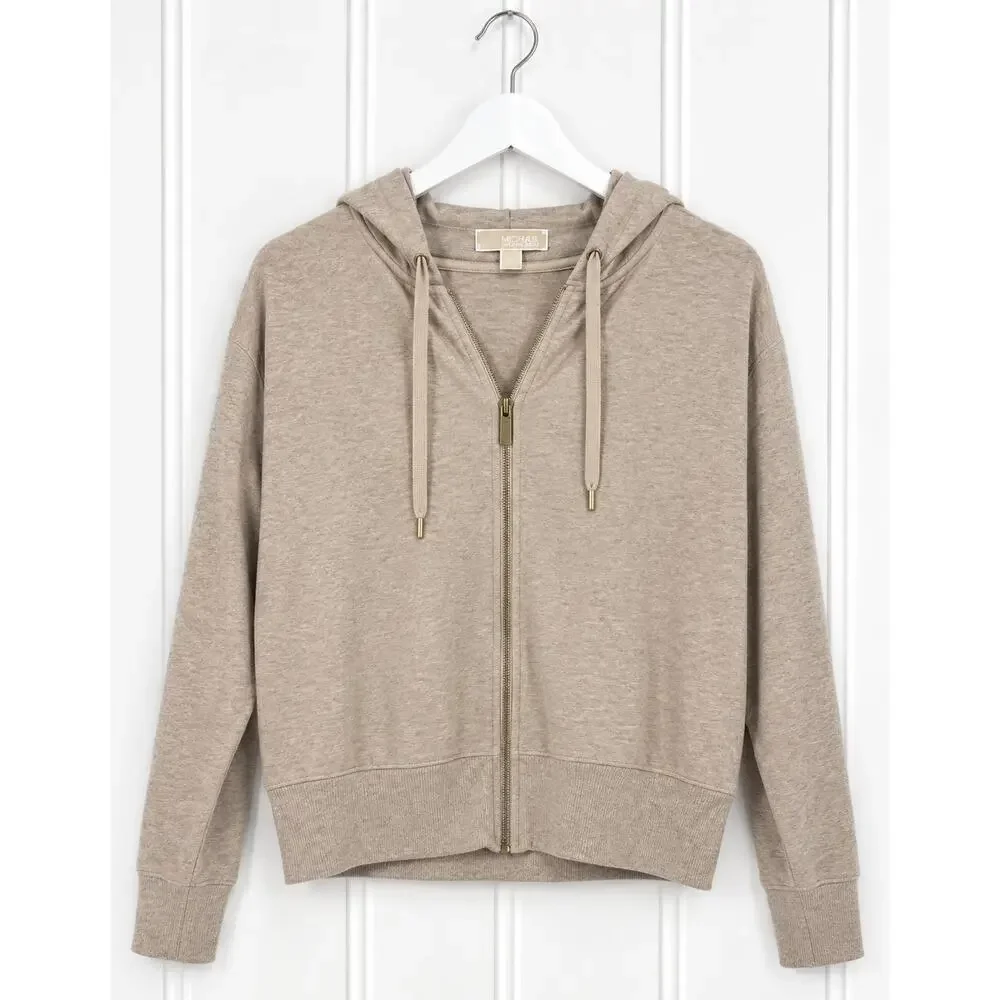 Michael Kors Hoodie Womens L Taupe Beige Full Zip Gold Logo Lightweight
